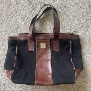 Lucky Brand Large Tote Bag Black Canvas/ Brown Leather Interior Pockets Zip NEW!